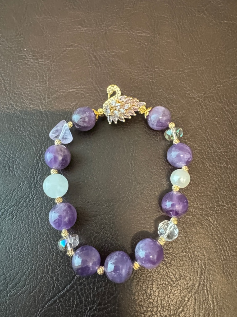Amethyst Bead Bracelet with Gold Swan Accent